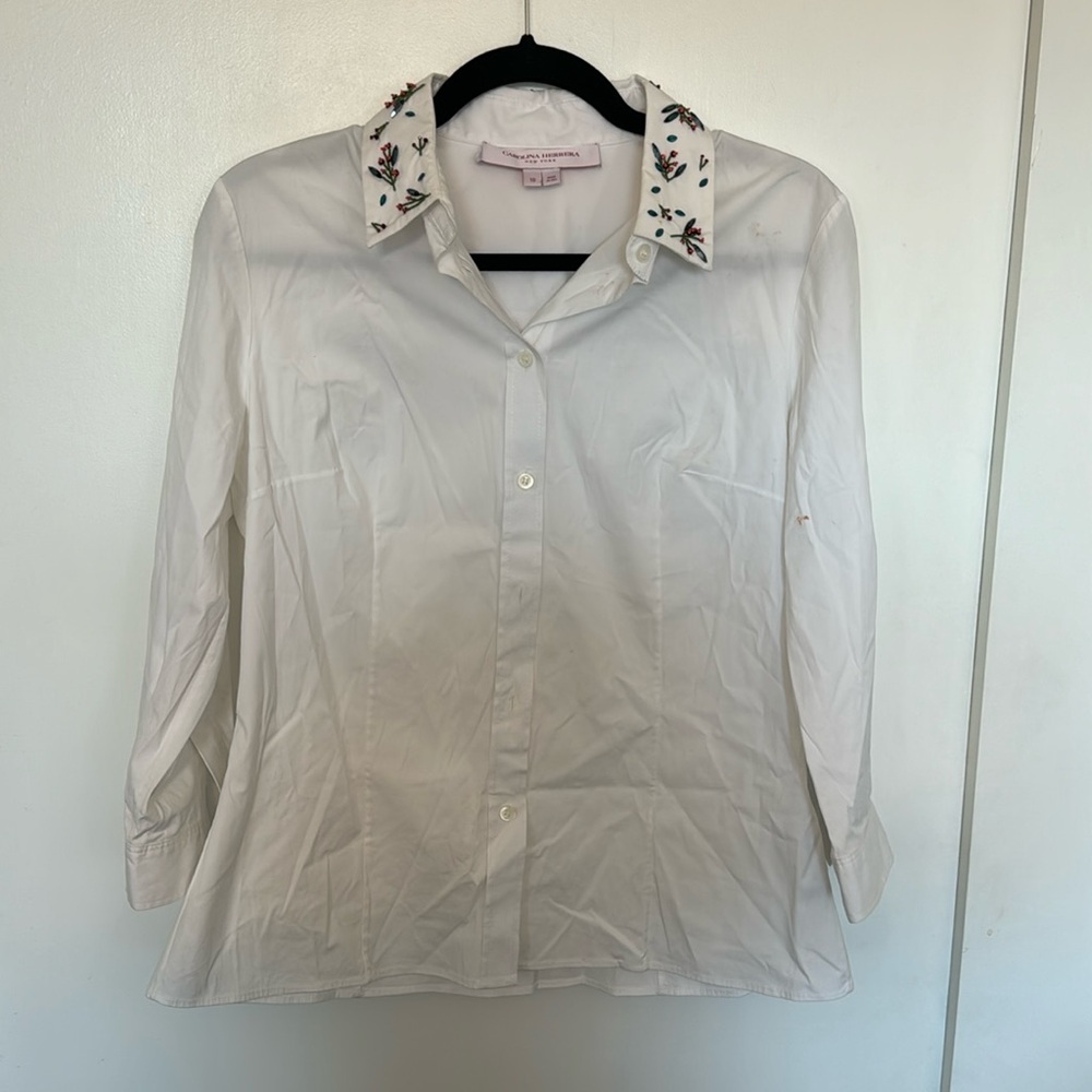 Carolina Herrera White Button-Up with Floral Beading on Collar